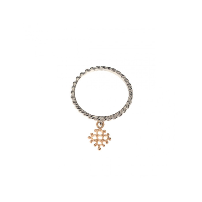 Anello mini croce fiorita argento e oro, Laurent Gandini